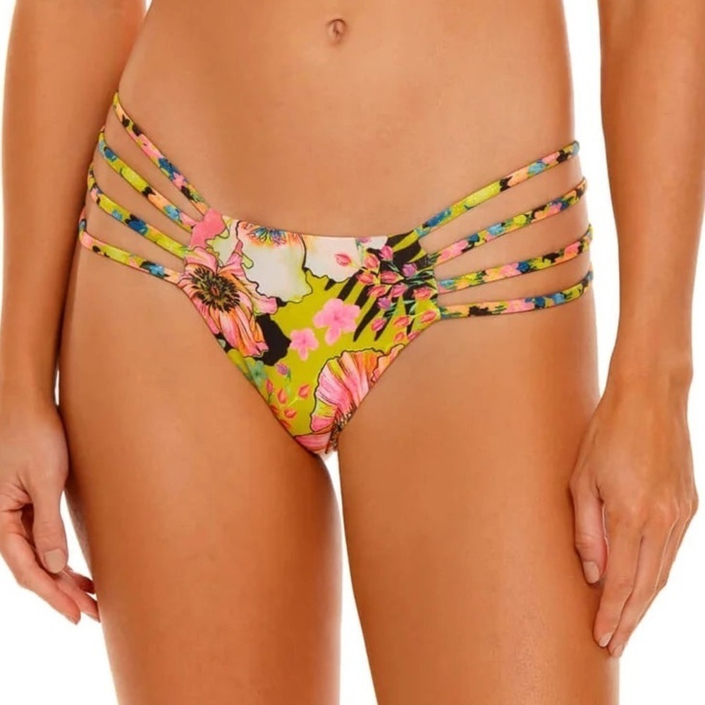 NWT Agua Bendita Sophia Praia Metallic Floral Bikini Bottom Yellow & Pink XL